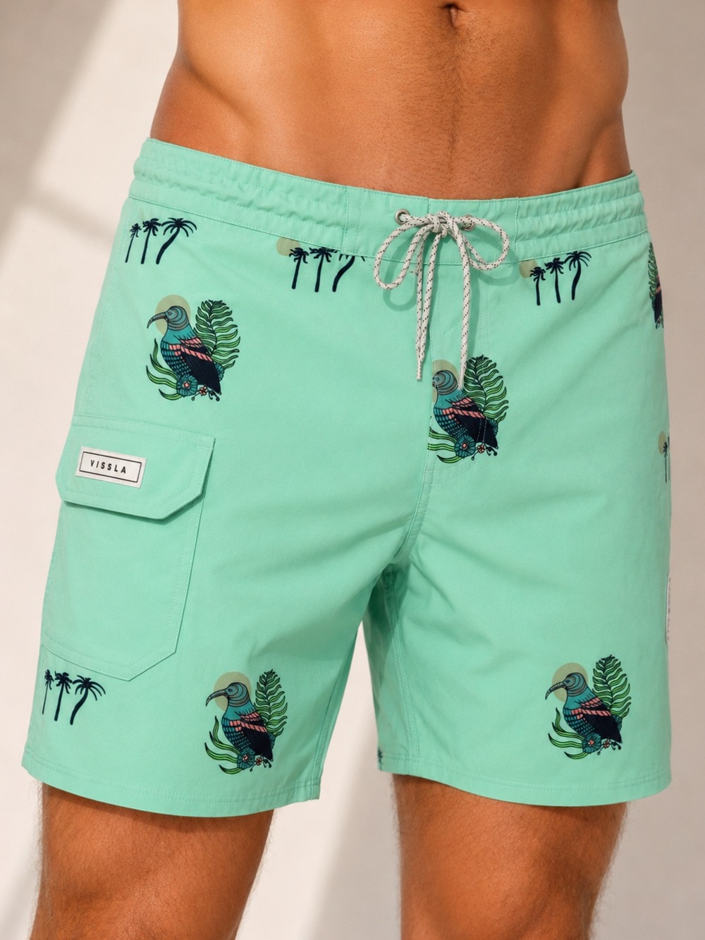 Vissla 34 Mint Tropical Bird Palm Tree Board Shorts Surf Swim